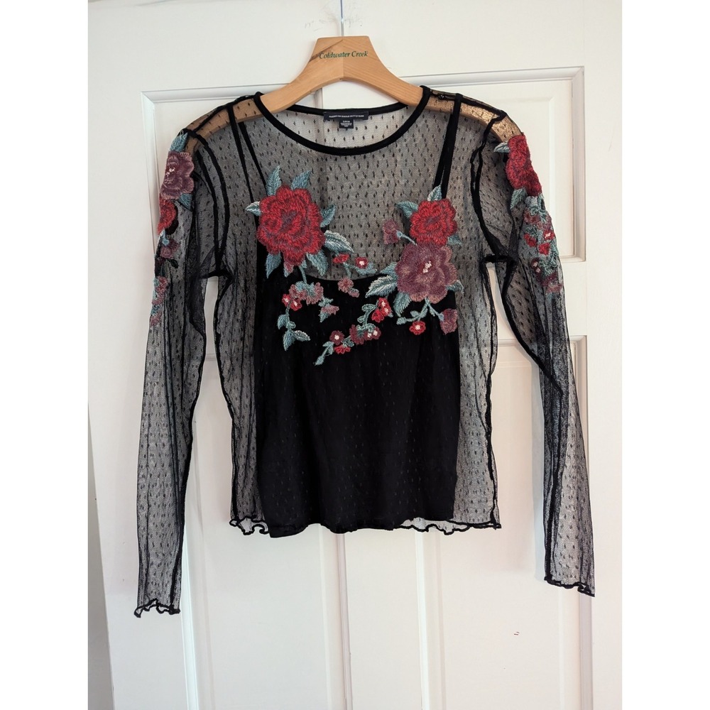 American Eagle Outfitters Y2K Mesh Sheer Black Floral Long Sleeve Top Sz Small
